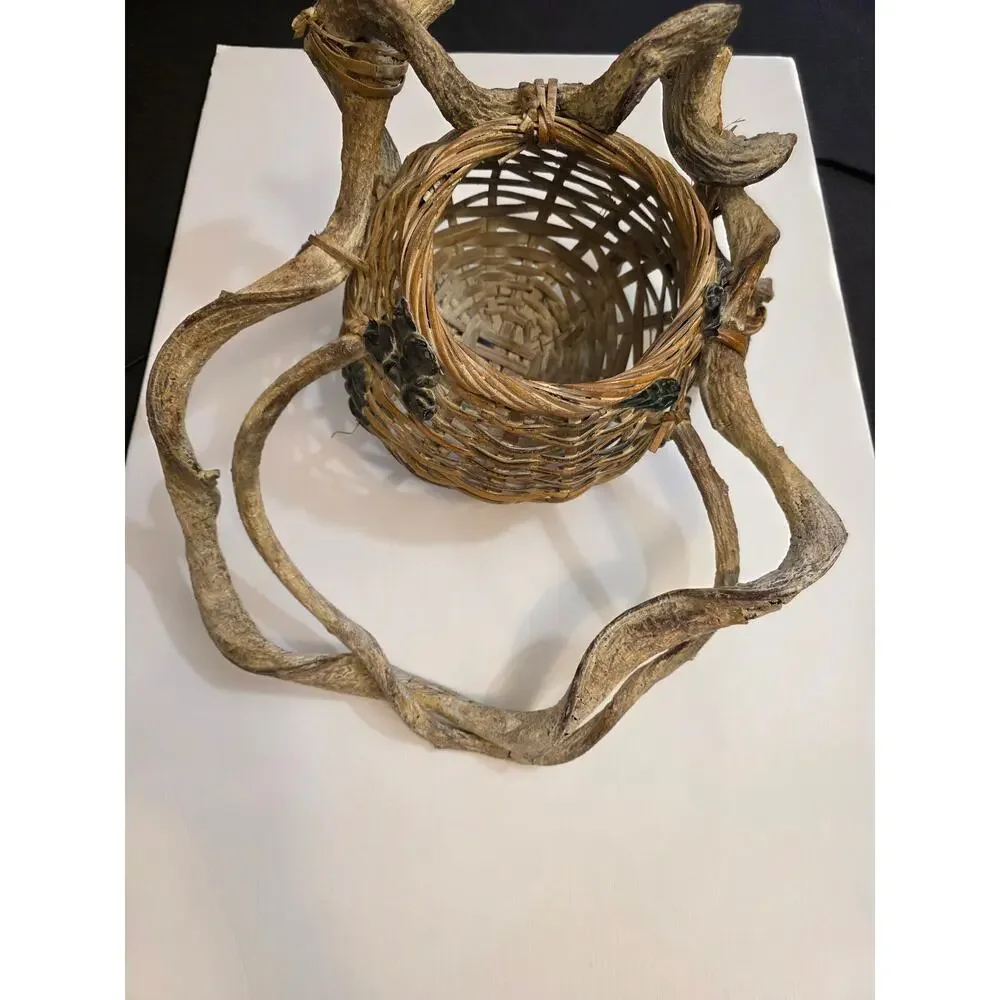 Handwoven Root Branches Rustic Sculpted Fruit & Leaves Basket Primitive Rustic